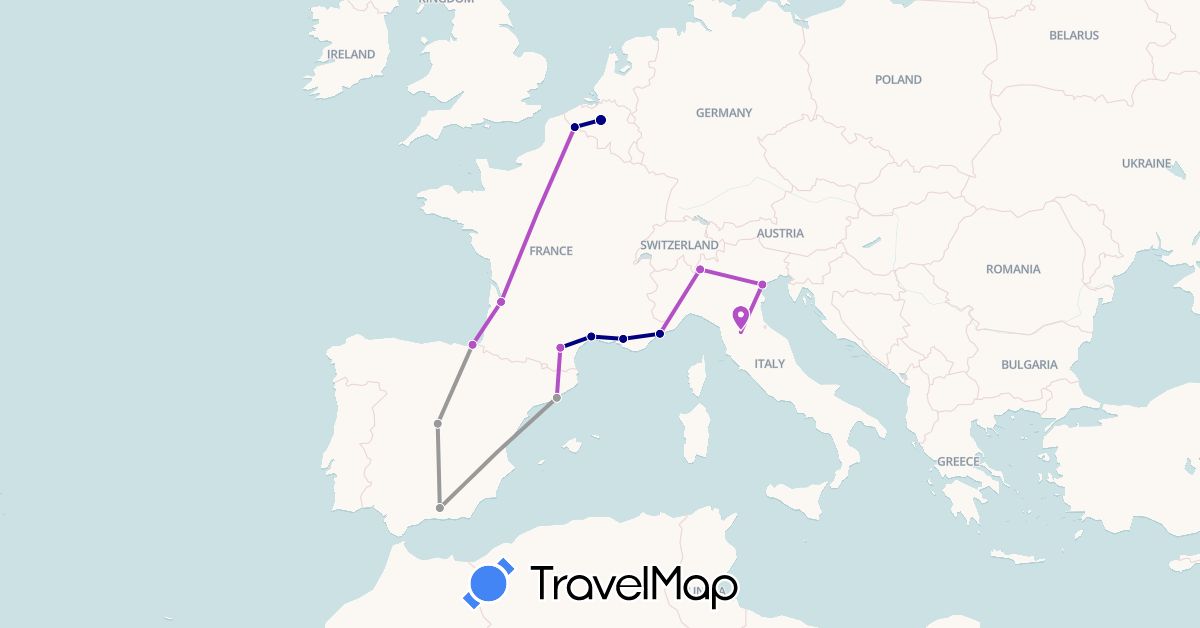 TravelMap itinerary: driving, plane, train in Belgium, Spain, France, Italy (Europe)